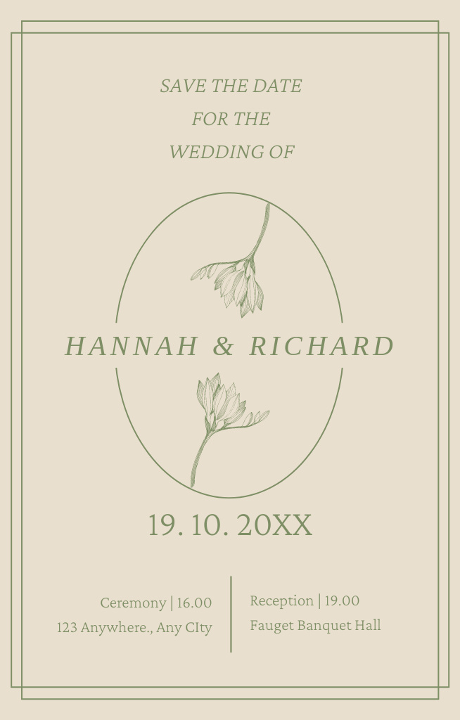 Simple Wedding Announcement with Plant on Beige Invitation 4.6x7.2in Modelo de Design