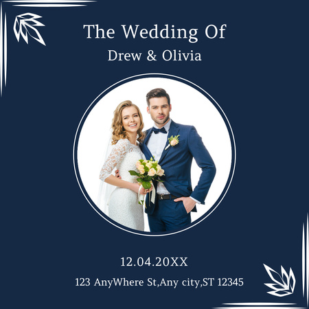 Wedding Invitation with Happy Newlyweds with Bouquet Instagram Design Template