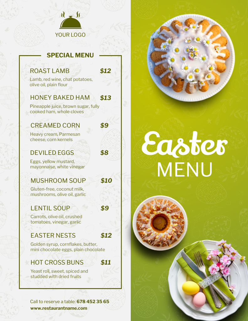 Easter Meals Offer with Desserts on Green Menu 8.5x11in Šablona návrhu