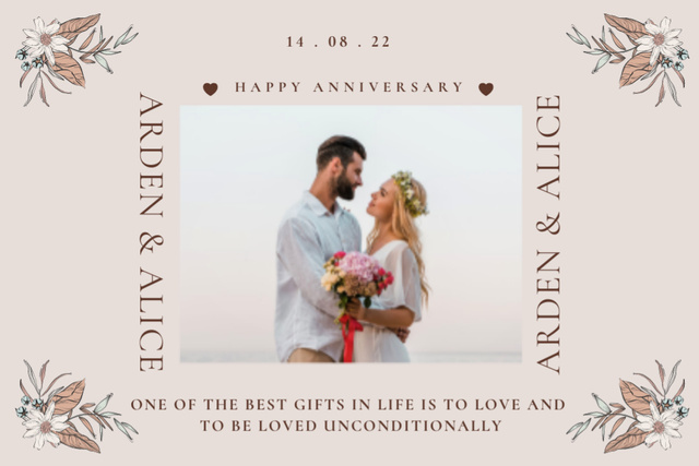 Happy Newlyweds on Beige Wedding Anniversary Postcard 4x6in Design Template
