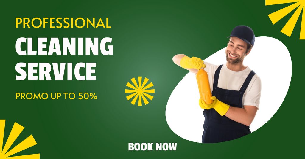 Cleaning Service Offer with a Man in Uniform and Gloves Facebook AD Design Template