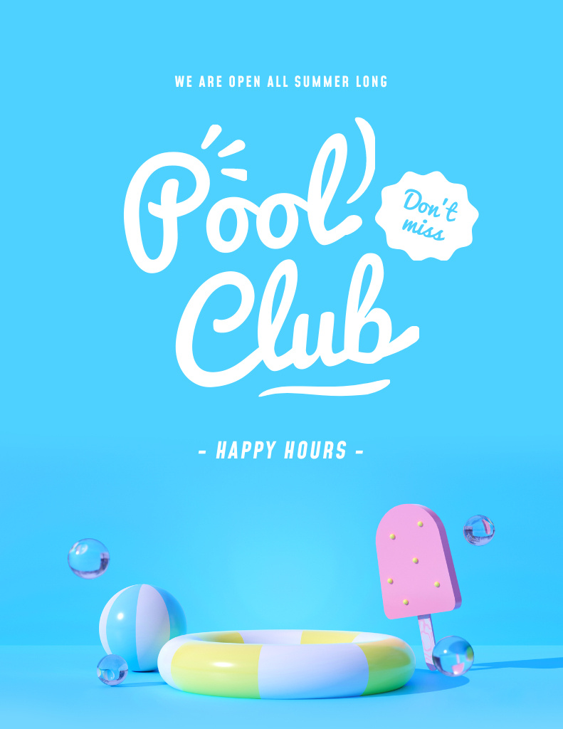 Pool Club Happy Hours Ad with Ball and Ring Flyer 8.5x11in Design Template