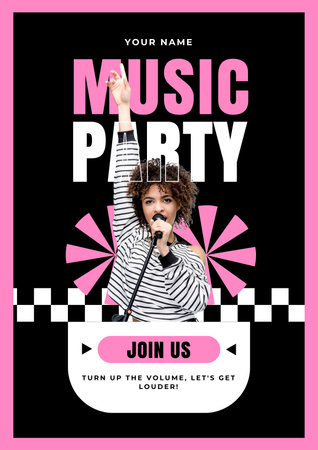 Anúncio de festa de música com jovem mulher encaracolada Poster Modelo de Design