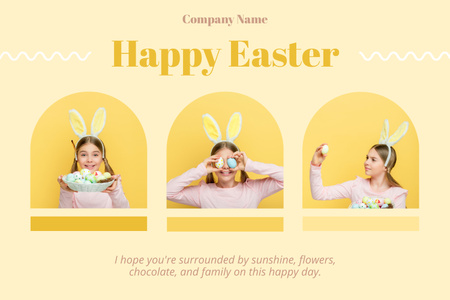 Designvorlage Collage eines fröhlichen Kindes mit Häschenohren, das farbige Eier hält für Mood Board