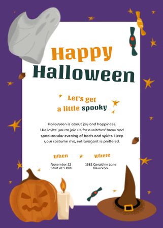 Ontwerpsjabloon van Invitation van Halloween Greeting with Pumpkin and Witch Hat