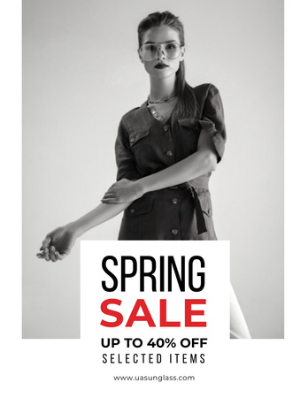 Spring Sale with Beautiful Woman in Black and White Poster 8.5x11in Design Template