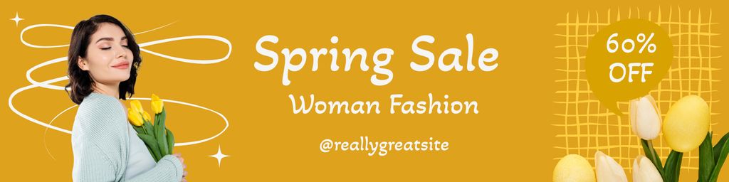 Spring Sale with Young Brunette with Tulips Twitter Design Template