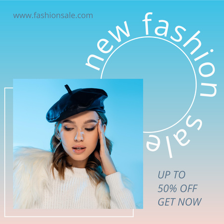 Fashion Sale Announcement with Stylish Girl in Beret Instagram tervezősablon