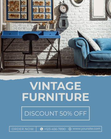 Modèle de visuel Pièces de meubles de collection à tarifs réduits, offre en bleu - Instagram Post Vertical