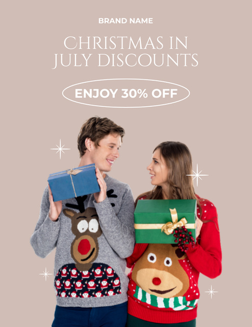 July Christmas Discount Announcement with Young Happy Couple Flyer 8.5x11in Πρότυπο σχεδίασης
