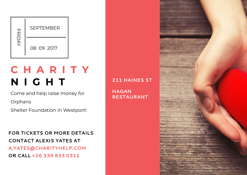 Charity Event with Hands Holding Heart in Red Postcard Design Template