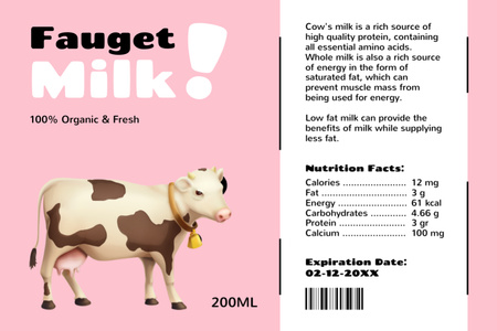 Plantilla de diseño de Fresh Organic Cow Milk on Pink Label 