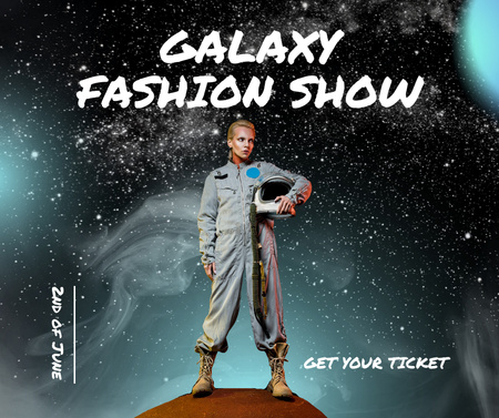 Fashion Show Announcement with Model in Spacesuit Facebook Design Template