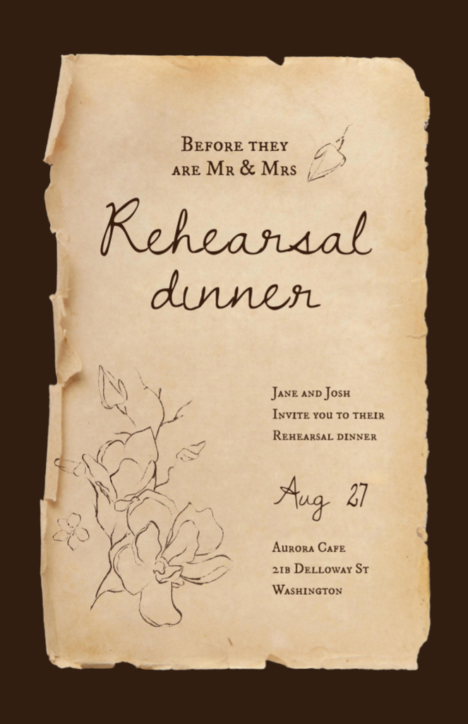 Torn Paper Announcement of Wedding Dinner Rehearsal on Brown Invitation 5.5x8.5inデザインテンプレート