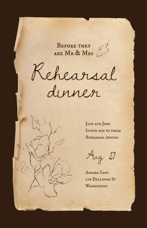 Torn Paper Announcement of Wedding Dinner Rehearsal on Brown Invitation 5.5x8.5in Design Template