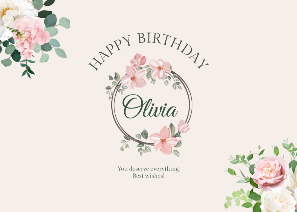 Designvorlage Happy Birthday Greeting With Pink Roses für Postcard 5x7in