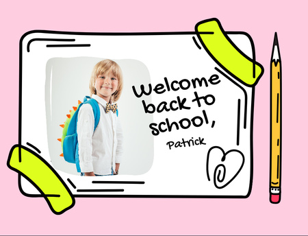 Ontwerpsjabloon van Postcard 4.2x5.5in van Back to School Greeting from Kid In Pink