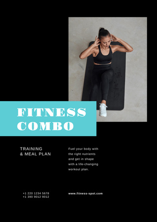 Plantilla de diseño de Promoción del programa de fitness con mujer haciendo abdominales Poster 