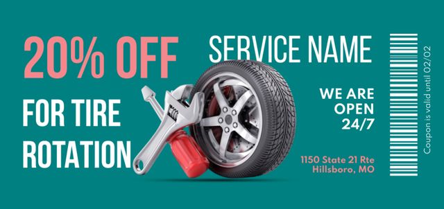 Car Services with Tire and Tools on Green Coupon Din Large Πρότυπο σχεδίασης