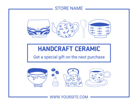 Designvorlage Angebot an handgefertigtem Keramik-Küchengeschirr in Weiß für Thank You Card 5.5x4in Horizontal