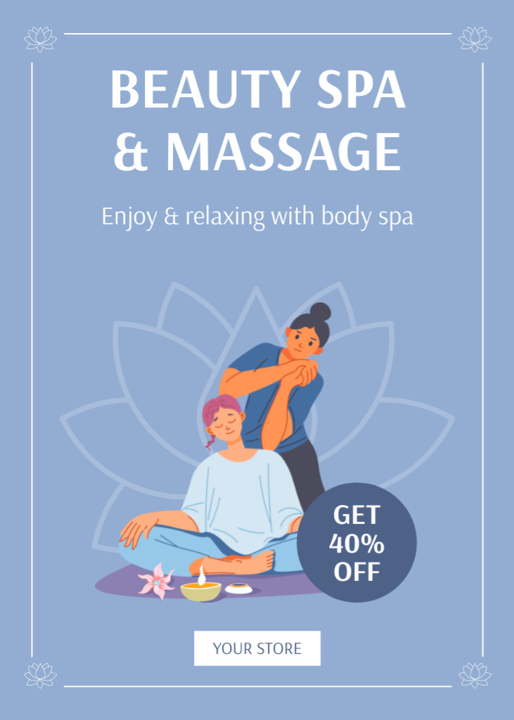 Spa and Massage Services Advertisement on Blue Flayer Modelo de Design