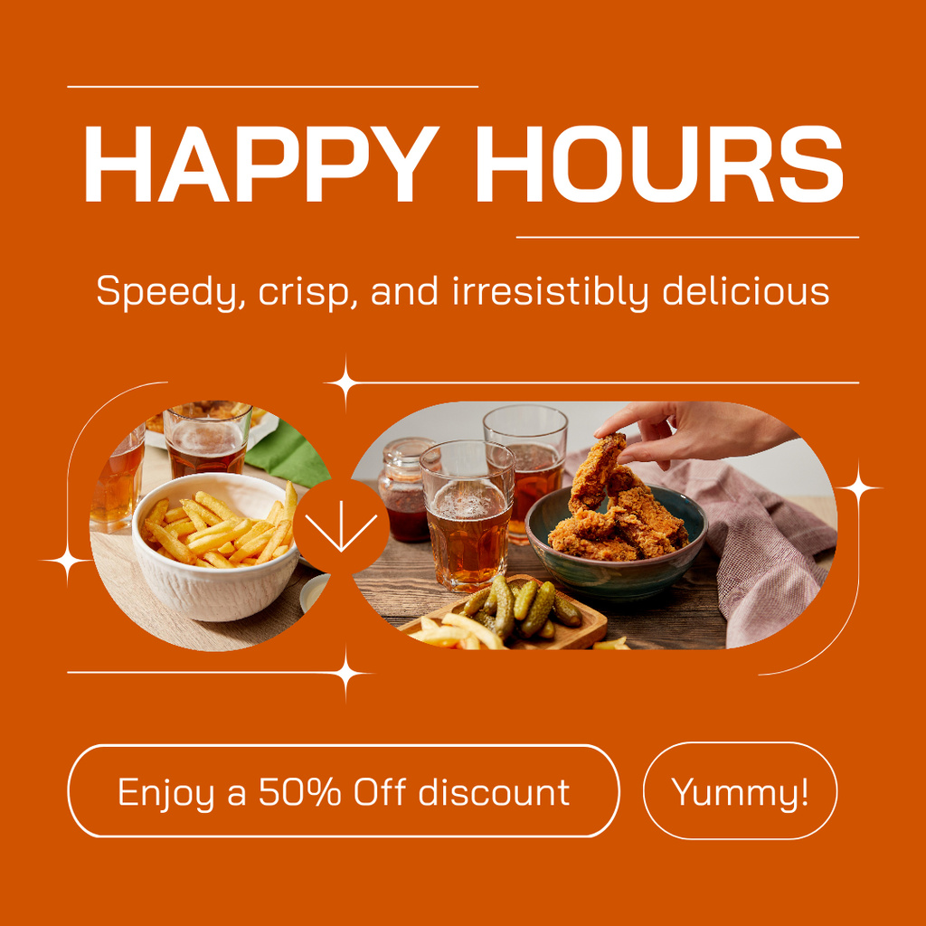 Happy Hours Ad with Tasty Fast Food and Drinks Instagram ADデザインテンプレート