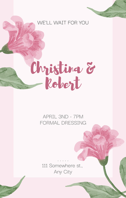 Floral Wedding Invitation with Pink Watercolor Flowers Invitation 4.6x7.2in – шаблон для дизайну