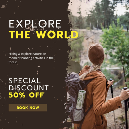 Hiking Tour Ad with Woman in Forest Instagram Modelo de Design