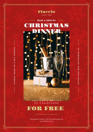Christmas Dinner Offer with Champagne and Gift Poster Design Template