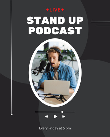 Plantilla de diseño de Oferta de stand up podcast con un hombre con auriculares Instagram Post Vertical 