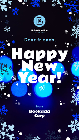 Designvorlage Neujahrsgruß Schneeflocken und Bokeh in Blau für Instagram Story