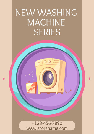 Designvorlage New Washing Machine Series Cartoon Illustrated Beige für Poster