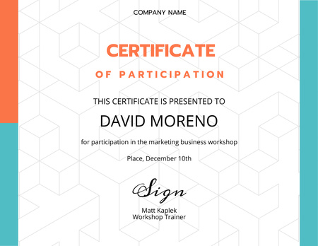 Award for Participation in Marketing Business Workshop Certificate Design Template