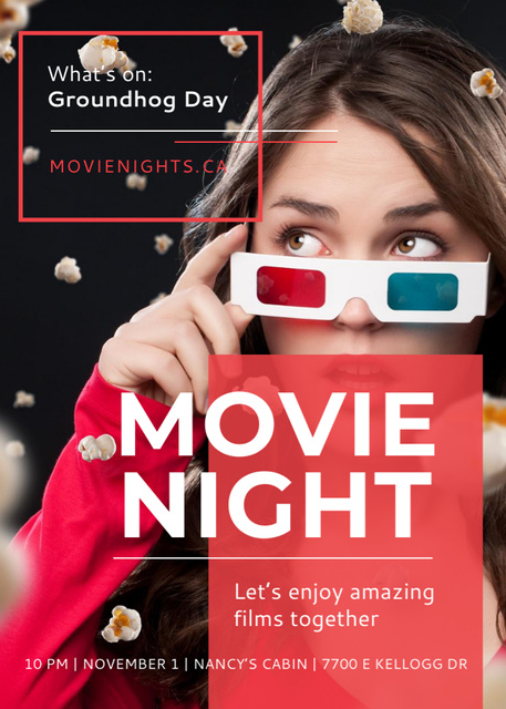 Movie Night Event Woman in 3d Glasses Flayer Design Template