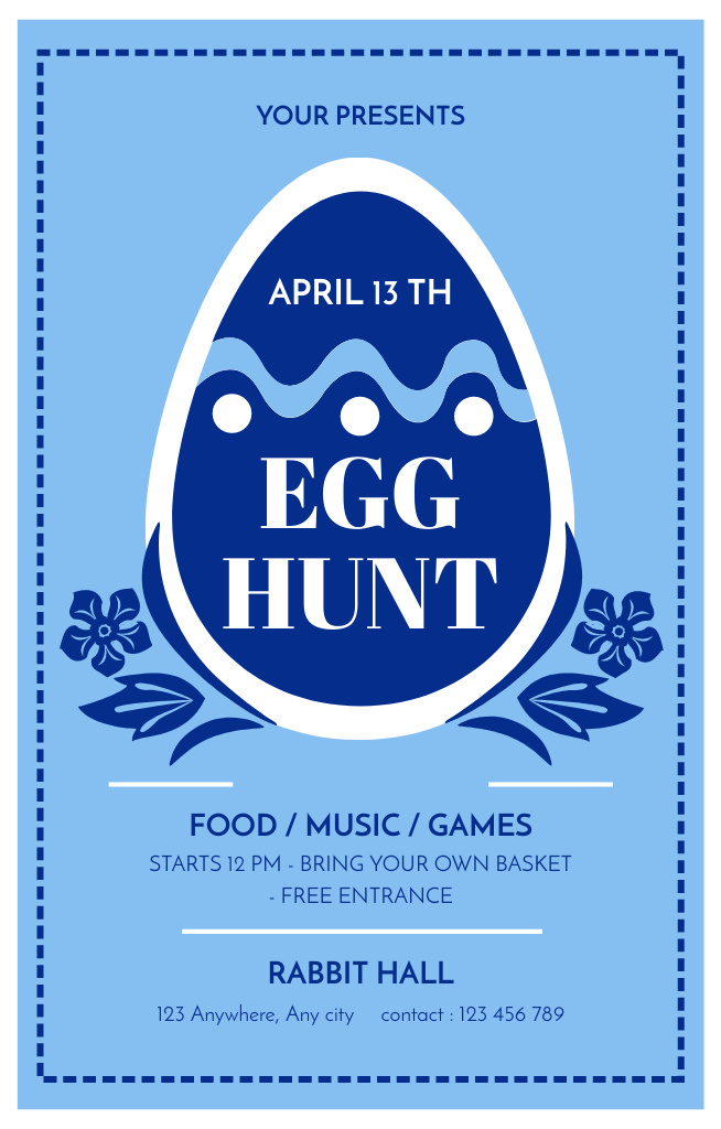 Easter Egg Hunt Announcement with Blue Egg on Blue Invitation 4.6x7.2inデザインテンプレート