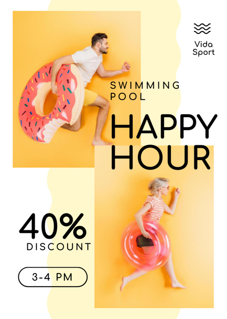 Swimming Pool Happy Hours with People with Swim Rings Flayer Modelo de Design
