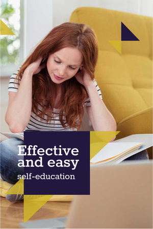 Self education concept with Woman reading book Pinterest Design Template