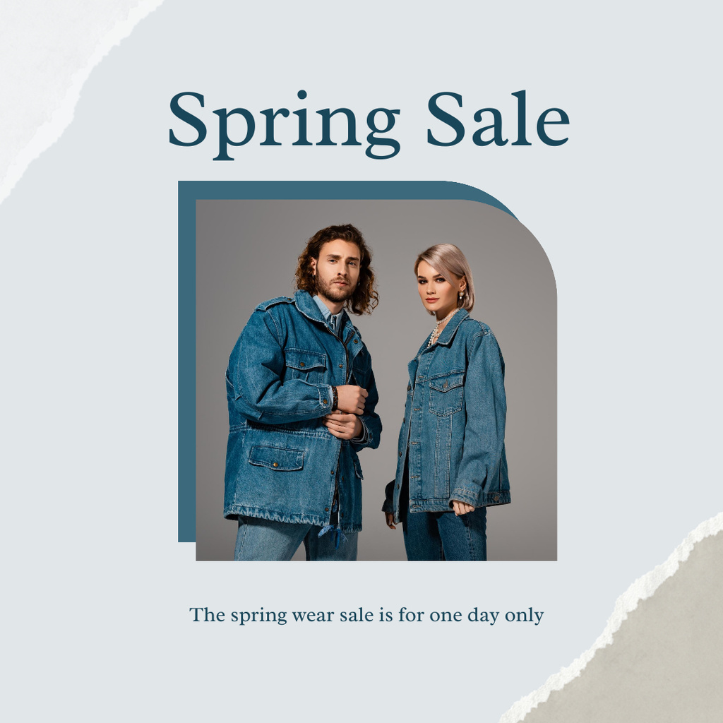 Spring Sale with Stylish Couple in Denim Jackets Instagram AD Tasarım Şablonu