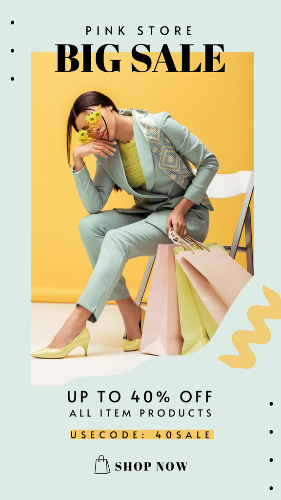 Female Outfit Sale Ad with Stylish Lady Instagram Story Tasarım Şablonu