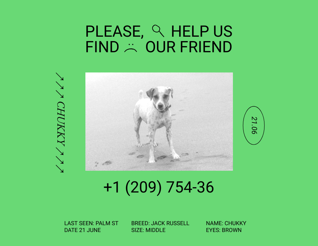 Designvorlage Bright Green Ad about Missing Little Dog für Flyer 8.5x11in Horizontal