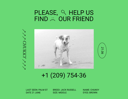 Designvorlage Hellgrüne Anzeige über den vermissten kleinen Hund für Flyer 8.5x11in Horizontal