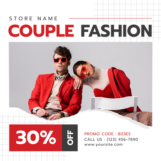 Promo of Couple Fashion with Man and Woman in Red Outfit Instagram Design Template