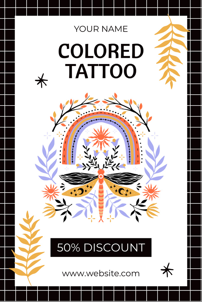 Designvorlage Colored Tattoos And Dragonfly With Discount Offer für Pinterest