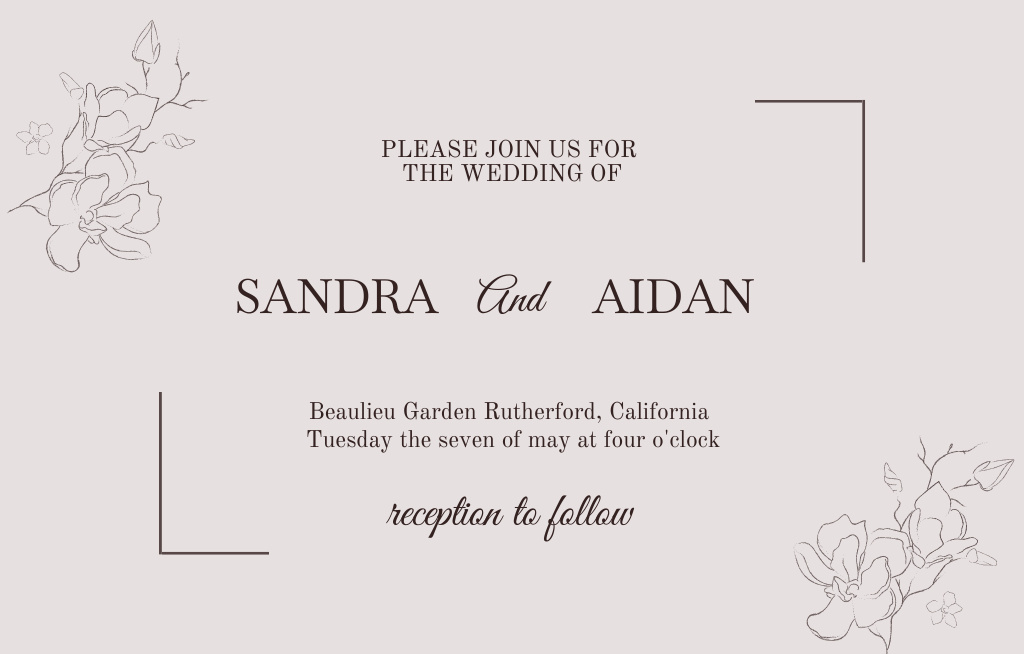 Wedding Ceremony Announcement With Sketch Florals in Frame Invitation 4.6x7.2in Horizontal Design Template