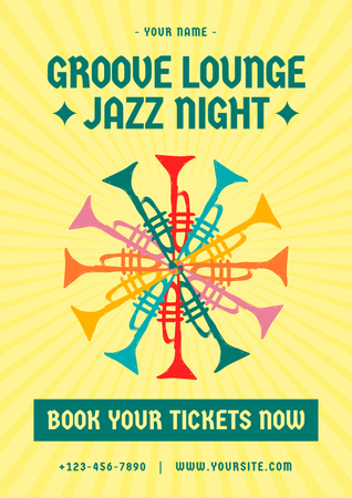 Colorful Brass Instruments And Jazz Night Event With Booking Poster Design Template