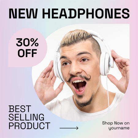 Designvorlage Kopfhörer-Rabatt-Ankündigung mit jungem Mann mit Schnurrbart für Instagram AD