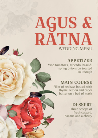 Beige Retro Wedding Course List with Roses Menu – шаблон для дизайну