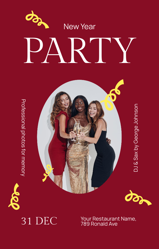 New Year Party Announcement with Women in Festive Dresses Invitation 4.6x7.2inデザインテンプレート