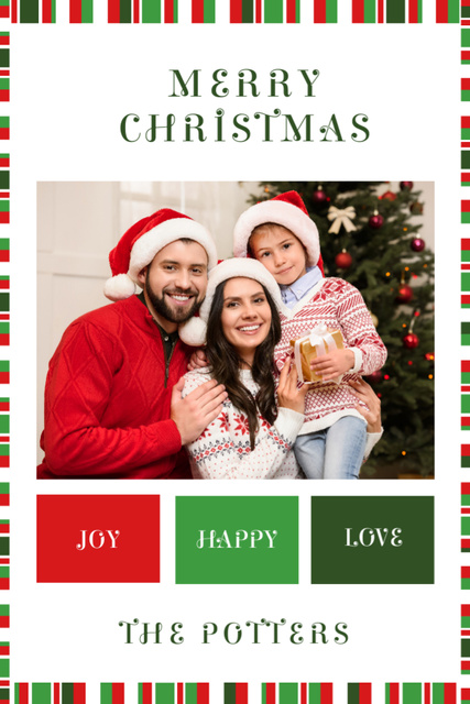 Christmas Salutations from Happy Family In Santa Hats Postcard 4x6in Vertical Tasarım Şablonu