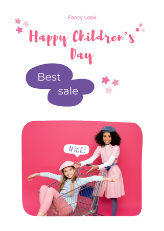 Children's Day Sale Offer With Smiling Girls And Trolley Postcard 5x7in Vertical Design Template